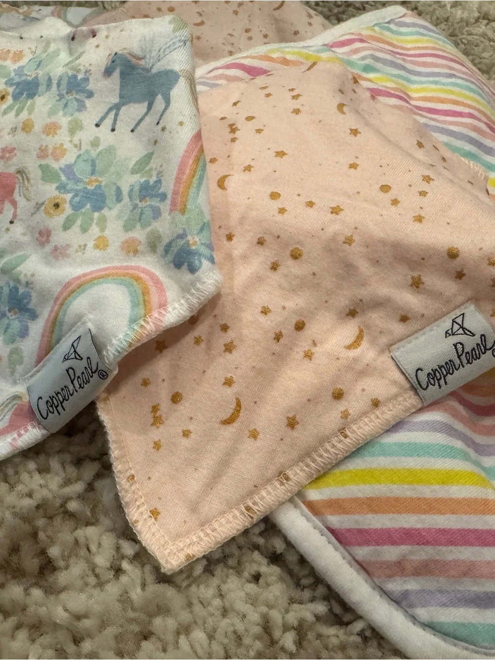 Copper Pearl burp cloths & Baby Bandana Bibs - Pastel Rainbow & Pink Set